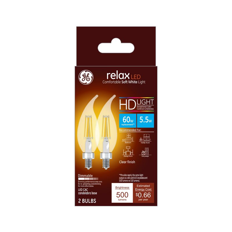 GE 2pk 5.5W 60W Equivalent Relax LED HD Decorative Light Bulbs, 1 of 4
