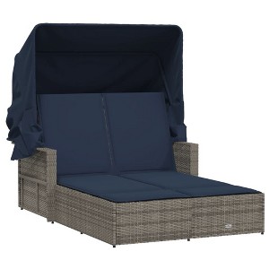 vidaXL Gray Poly Rattan Double Sun Lounger with Canopy - Adjustable Backrest, Cushions, Garden/Patio Furniture - 1 of 4