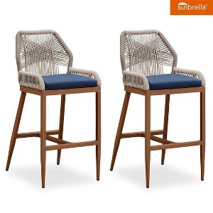 PURPLE LEAF Patio Sunbrella Bar Stools Set of 2 Handwoven Wicker Bar Height Stool Modern Aluminum Outdoor Wicker Barstools with Back and Cushion - 1 of 4