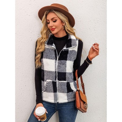 Women's Plaid Fleece Vest Stand Collar Sleeveless Zip Up Vest Jacket