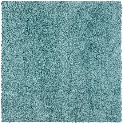 Aqua Square Hand-Knotted Shag Area Rug, 4' x 4'