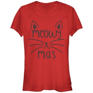 Juniors Womens Lost Gods Christmas Cat Meowy T-Shirt - 1 of 3