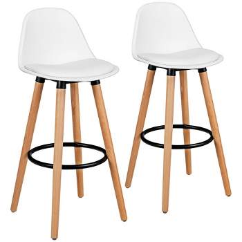 Costway Set of 2 Mid Century Barstool 28.5" Dining Pub Chair w/Leather Padded Seat White