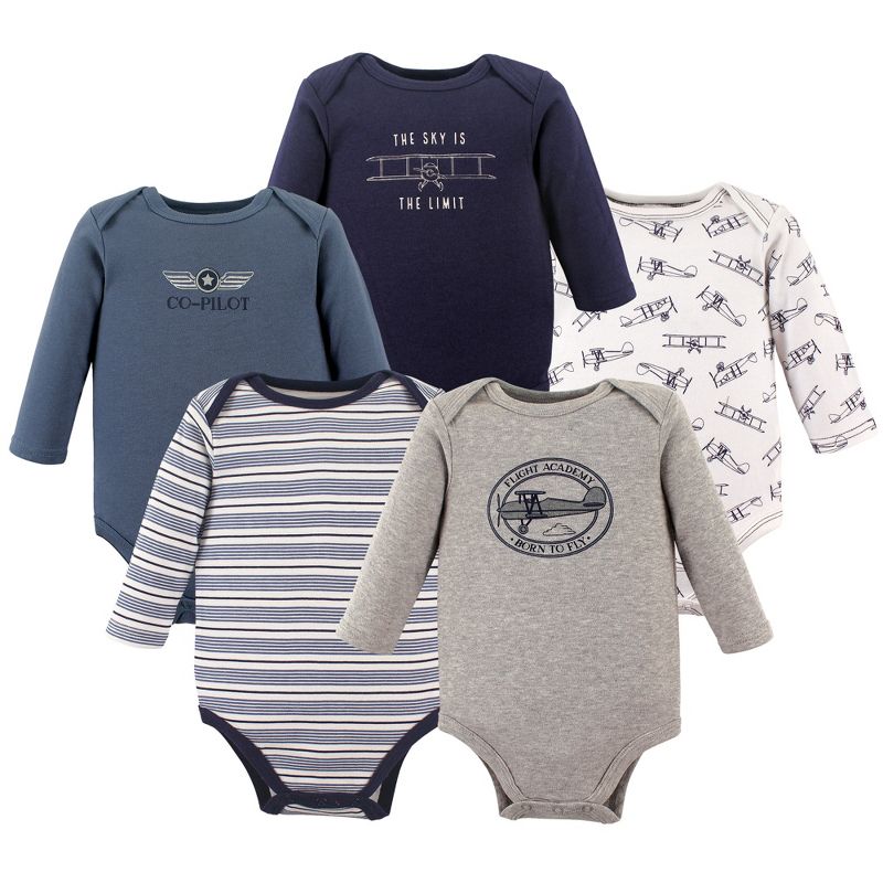 Hudson Baby Infant Boy Cotton Long-Sleeve Bodysuits 5pk, Aviation, 1 of 3