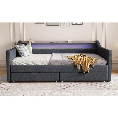 VASIP Modern Linen Upholstered Twin Daybed Sofa Bed - 2 Storage Drawers & Shelves with USB/Type-C Charging | Space-Saving for Apartments Dark Gray