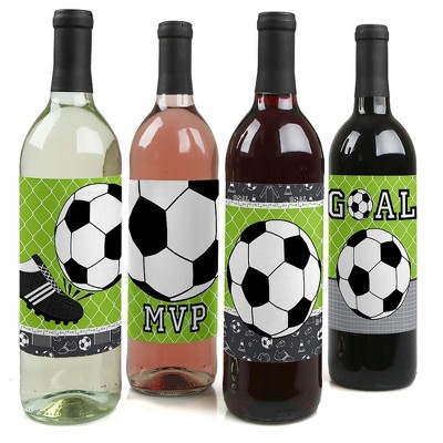 Big Dot of Happiness Goaaal - Soccer - Baby Shower or Birthday Party Decorations for Women and Men - Wine Bottle Label Stickers - Set of 4