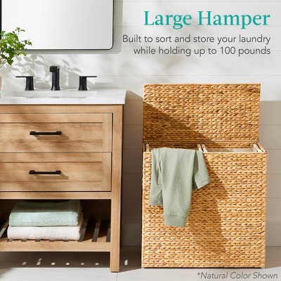 Large Gray Handwoven Water Hyacinth Double Laundry Hamper with Lid