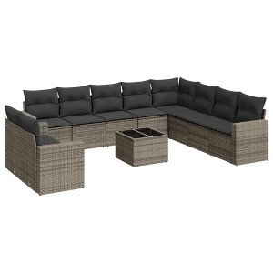 vidaXL 11 Piece Patio Sofa Set with Cushions Gray Poly Rattan - With Table - 1 of 4