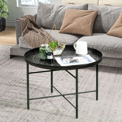 HOMCOM 24" Round Black Metal Coffee Table with Hammered Tray Top
