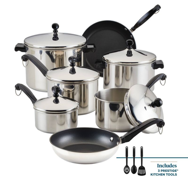 Farberware Classic Series 15pc Stainless Steel and Ceramic Cookware Pots and Pans Set Silver, 1 of 15