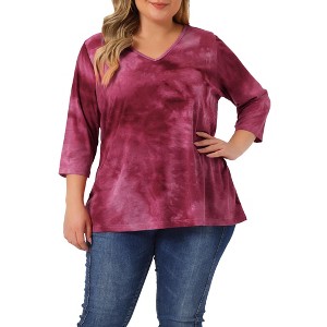 Agnes Orinda Women's Plus Size Tie Dye 3/4 Sleeve Side Slit V Neck Trendy Spring Tops - 1 of 4