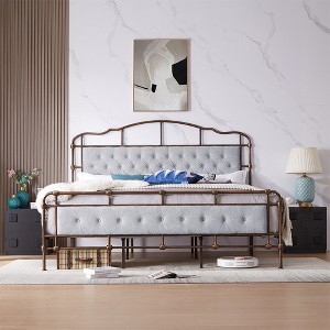King Size High Board Metal Bed, Heavy Duty Metal Bed Frame, No Box Spring Needed, Easy Assemble, King Platform Bed Frame With Soft Headboard Footboard - 1 of 4