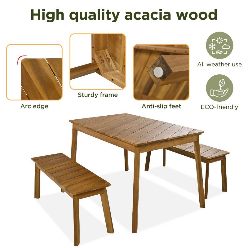3 Pieces Acacia Wood Table Bench Dining Set For Outdoor & Indoor Furniture With 2 Benches,Picnic Table Set-Maison Boucle, 3 of 9