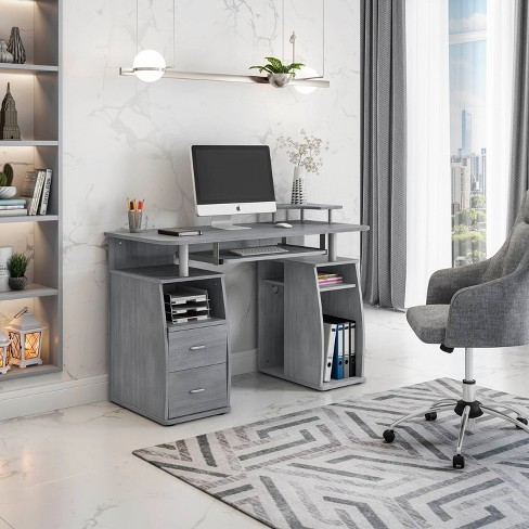 Techni Mobili Modern L-Shaped Desk with Side Shelves - Grey