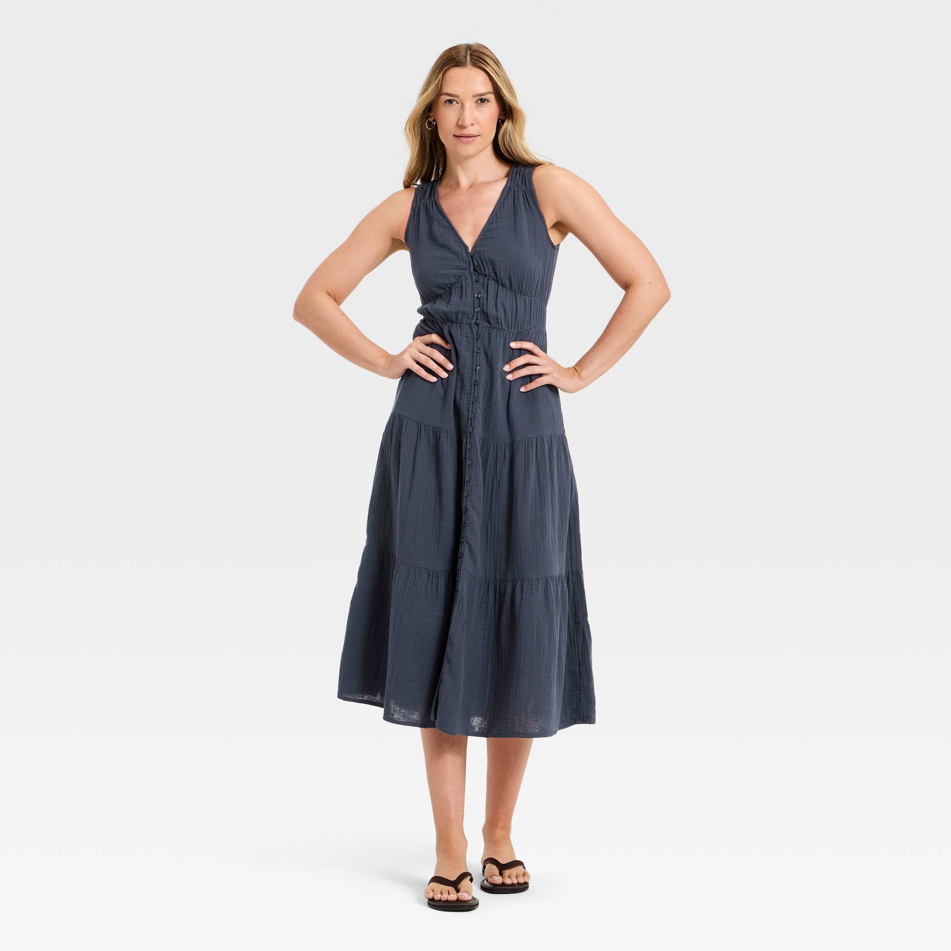 Women's Button-Down Tiered Midi Pullover A-Line Dress - Universal Thread™