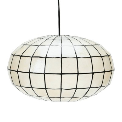 Storied Home Oblong Capiz Ceiling Light White and Black: ETL & UL Listed, Iron Body, Oval Shade, 60W, Modern Pendant