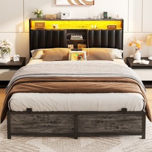 Aheaplus Platform Beds with Upholstered Headboard, Charge Station, and LED Lights - 1 of 4