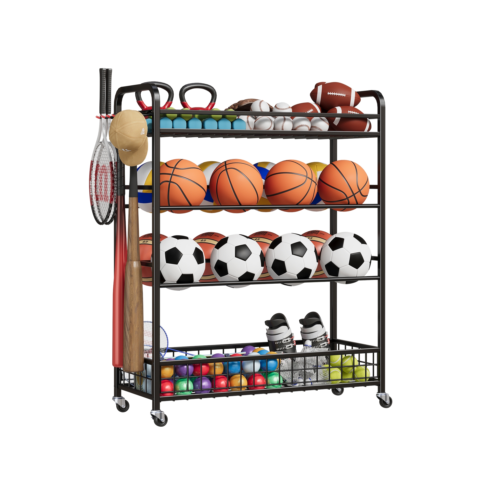 Garage Sports Equipment Organizer - Rolling Ball Storage Bin with Wheels, Outdoor Basketball Racks for Balls with Baseball Bat Holder and Hooks