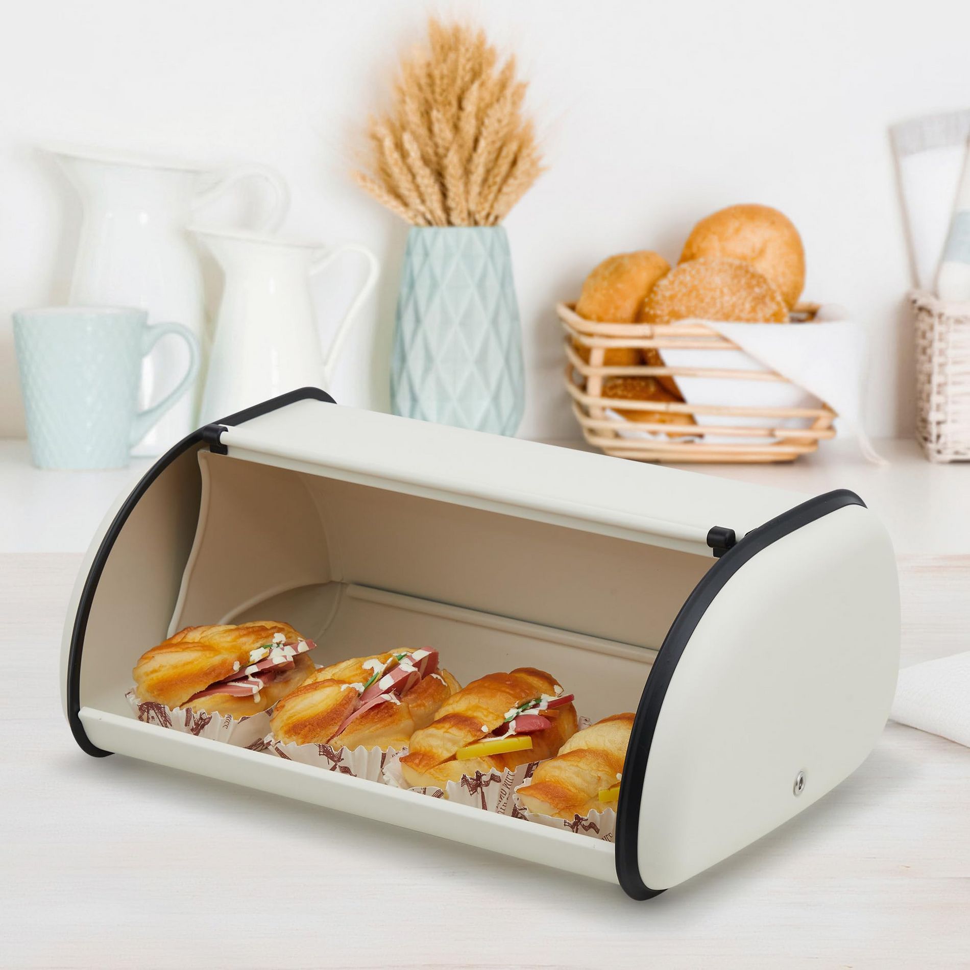 Stainless Steel Roll Top Bread Box for Kitchen Countertop with Lid for Kitchen Counter, Pantry Shelf