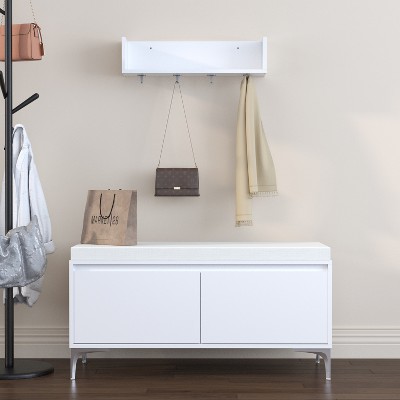 Vynxaria Modern Wall-Mounted Entryway Shelf & Storage Bench Set - White Finish with Hooks and Cushion