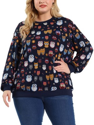 Agnes Orinda Women's Plus Size Casual Pullover Owl Print Comfty Pullover Sweatershirts