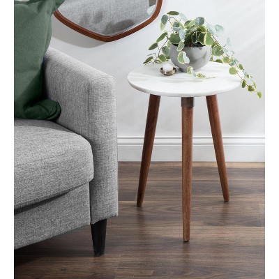 Walnut Brown and White Marble Round Side Table