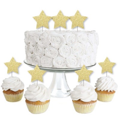 Big Dot of Happiness Gold Glitter Star - No-Mess Real Gold Glitter Dessert Cupcake Toppers - Party Clear Treat Picks - Set of 24