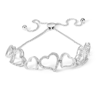 Silver 1/4 Cttw Diamond Open Heart Link Adjustable Bolo Bracelet