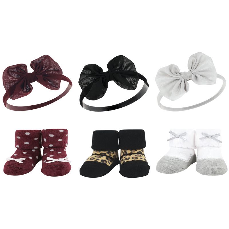 Hudson Baby Infant Girl 12Pc Headband and Socks Giftset, Burgundy Leopard, One Size, 2 of 3