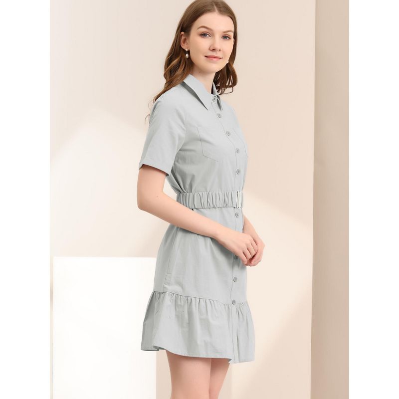 Allegra K Women's Belted Ruffled Hem Button-Down Cotton Safari Shirt Dress, 4 of 6