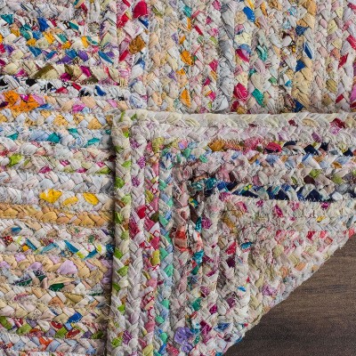 Ivory and Multicolor Handwoven Cotton Braided Reversible Square Rug, 8'x8'