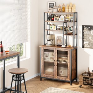 64.5" Kitchen Bakers Rack with Storage Cabinet, 5-Tier Microwave Stand with Fluted Glass Doors, Freestanding Industrial Coffee Bar Station, Retro - 1 of 4