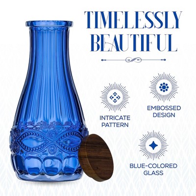 Blue Embossed Glass Carafe with Wood Lid