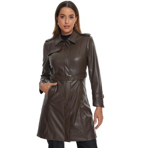 Allegra K Women's Lapel Slim Fit Long Sleeve Zip Faux Leather Jacket Coat - 1 of 4