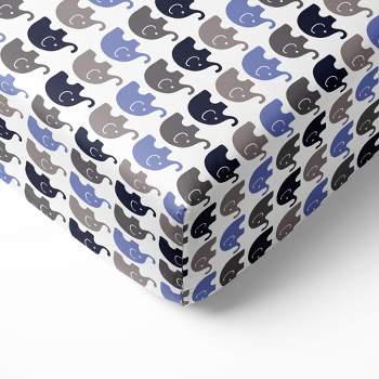 Bacati - Elephant Blue, Navy, Gray 100 percent Cotton Universal Baby Crib or Toddler Bed Fitted Sheet