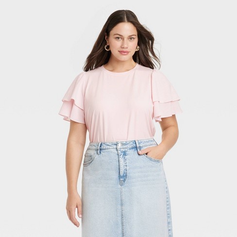 Women's Slim Fit Flutter Short Sleeve Knit Top - Ava & Viv™ Pink 4x : Target