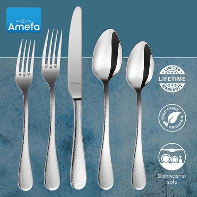 Amefa Sierra 20-Piece Hammered 18/10 Stainless Steel Flatware Set, High Gloss Mirror Finish, Silverware Set Service for 4, Rust Resistant Cutlery