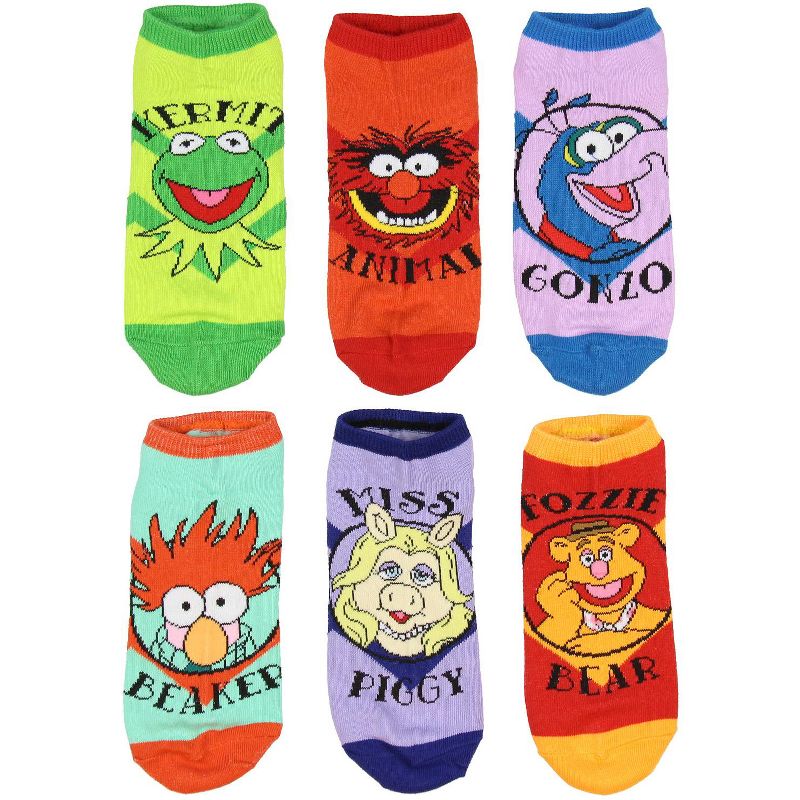 The Muppets Socks Adult Kermit Animal Miss Piggy Beaker Fozzie 6 Pack Ankle Socks Multicoloured, 2 of 5