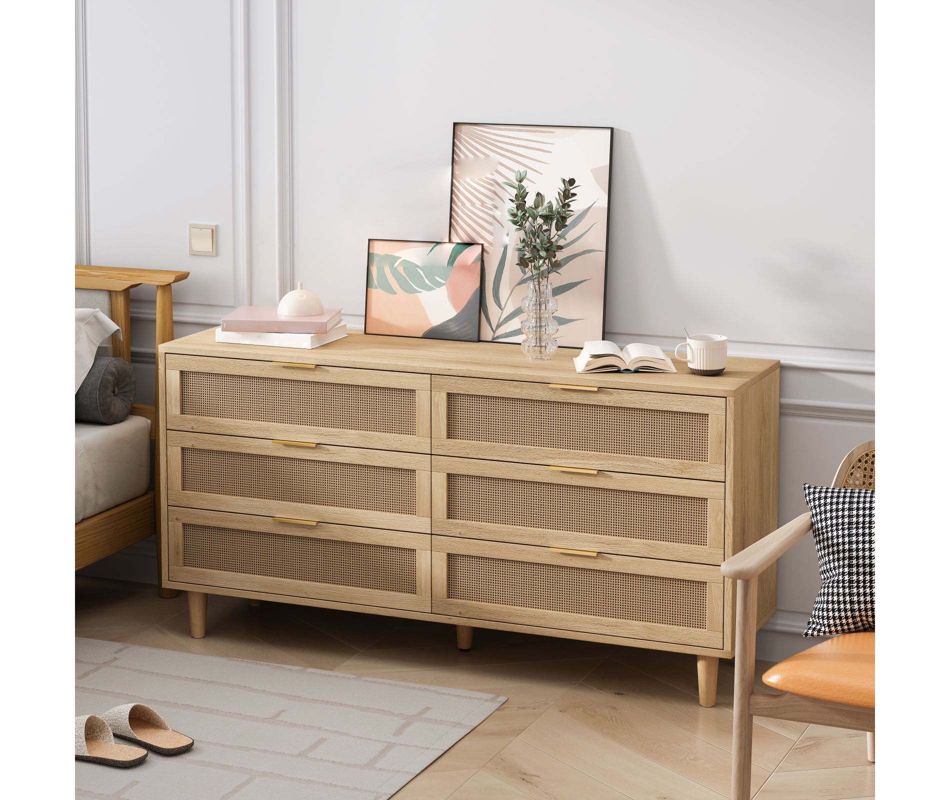 59" Rattan 6 Drawer Dresser for Bedroom, Dresser Chest of Drawers, Beside Table for Closet, Storage Organizer for Hallway Living Room Bedroom Brown