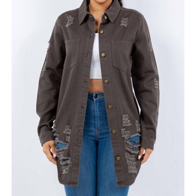 Women's Distressed Button Up Long Sleeve Denim Jacket - American Bazi