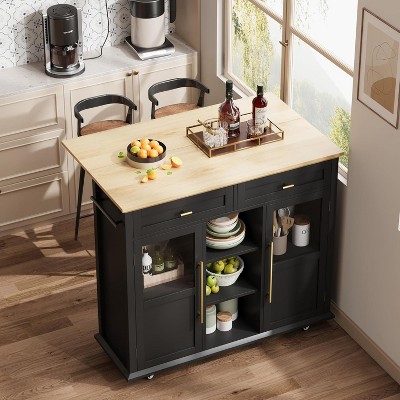 Foldable Kitchen Island Cart with Wheels, 2 Glass Doors, Spice Rack & Towel Holder, Mobile Storage Cart for Small Kitchens, Dining Rooms, Black