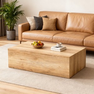 Homy Casa Rectangle Block Coffee Table with Solid Wood Look for Living Room or Small Apartment, Natural - 1 of 4