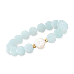 Ross-Simons 12-13mm Cultured Baroque Pearl and Milky Aquamarine Stretch Bracelet With 14kt Yellow Gold Size - 1 of 4
