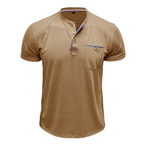 Men's Short Sleeve Henry Collar T-Shirt with Leather Label Casual Round Neck Top Front Pocket Khaki XL - 1 of 4