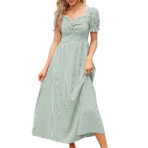 Womens High Waist Maxi Dress Sweetheart Smocked Neckline Short Puff Sleeve Plaid Casual Elegant Cute Dresses Button Down - 1 of 4