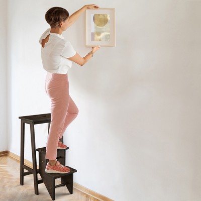 Brown Rubber Wood Foldable 3-Tier Step Stool and Storage Shelf