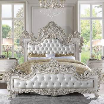 90" Eastern King Bed Adara Bed White Synthetic Leather and Antique White Finish - Acme Furniture