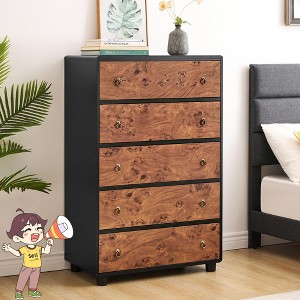 Jojoka 5-Drawer Tall Wood Dresser with Curved Profile & Vintage Metal Handles - Storage for Bedroom, Living Room, Hallway, Coffee Brown - 1 of 4