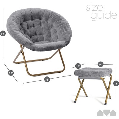 X-Large Black Faux Fur Papasan Chair with Metal Frame and Footrest
