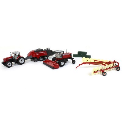 1/64 Massey Ferguson 4 Piece Haying Set Includes Tractor, Wind Rower, Baler, Hay Rake, and Bales by ERTL 16421